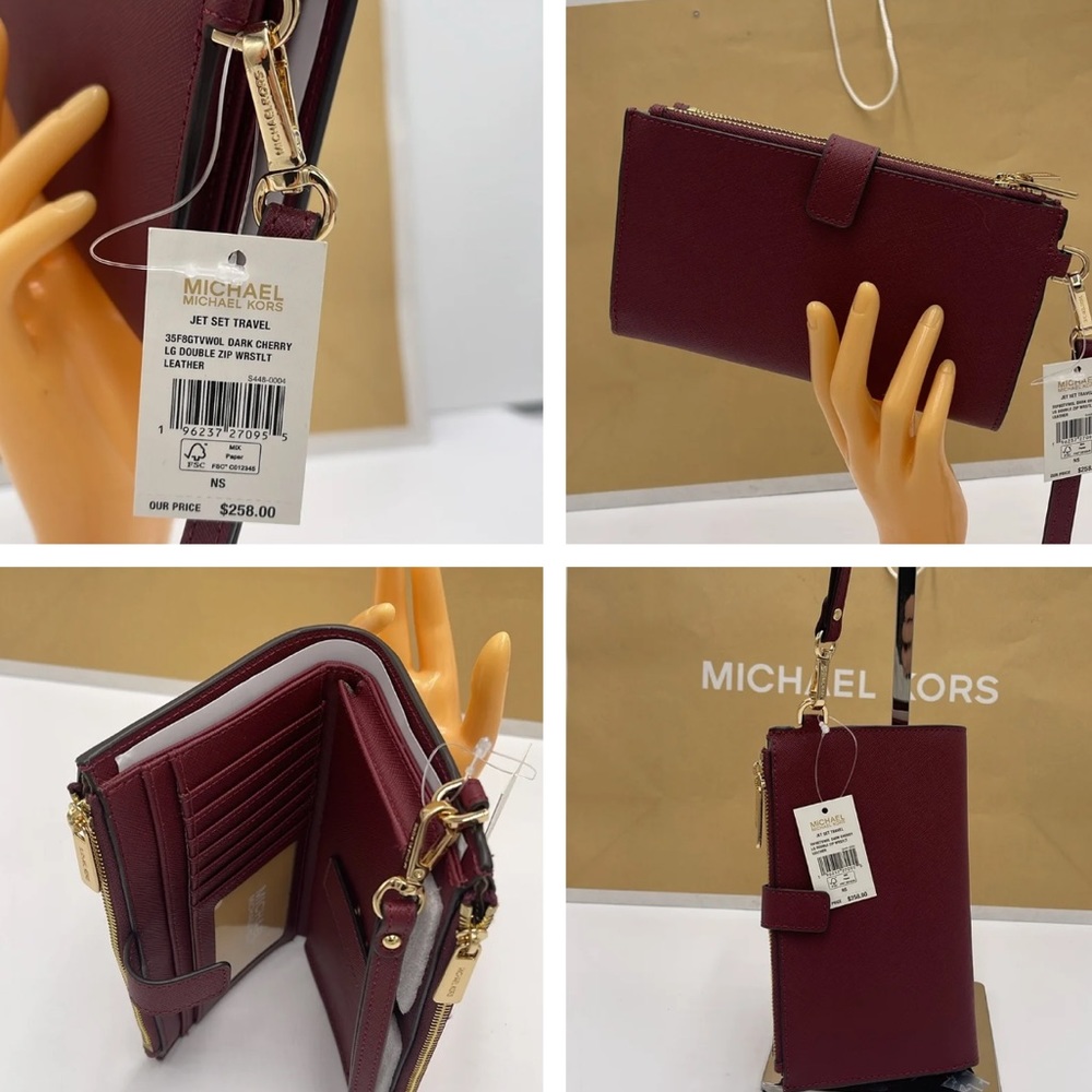 Michael Kors Jet Set Travel LG Double Zip Wristlet Wallet Leather Dark Cherry - Picture 13 of 13